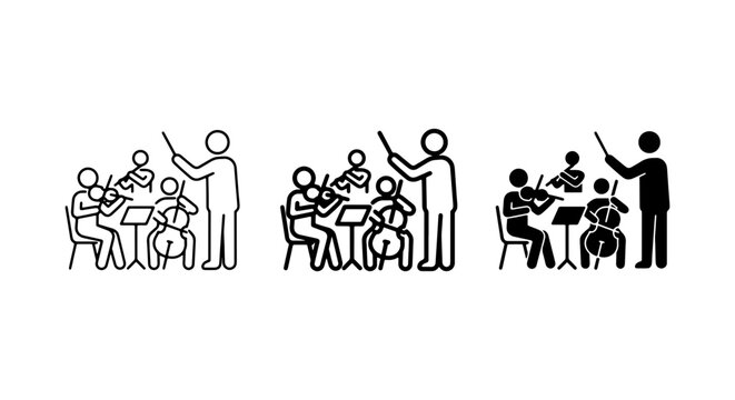 Orchestra Conductor Leading Musicians, Classical Music Performance Icons, Vector Set