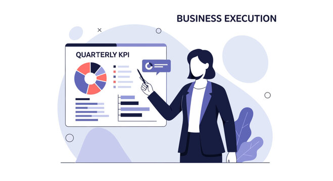 Businesswoman presenting quarterly KPI graph, business execution concept