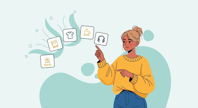 Person choosing hobbies from interactive icons - illustration