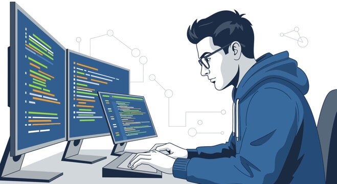 Programmer Coder Typing Multiple Monitors Coding Software Development