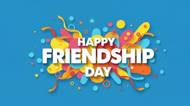 Animated 'Happy Friendship Day' text with colorful shapes and ribbons, looping on blue, for celebration.