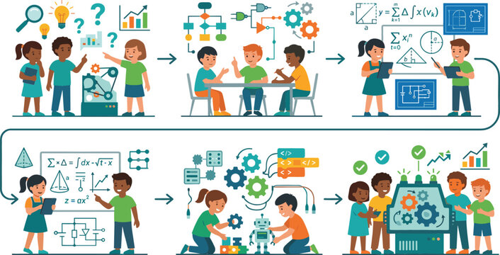 STEM education infographic showing diverse children collaborating on engineering project from brainstorming math and coding to final robotics invention.