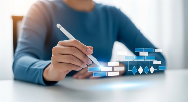 Person using stylus to draw digital flowchart on screen, business strategy concept