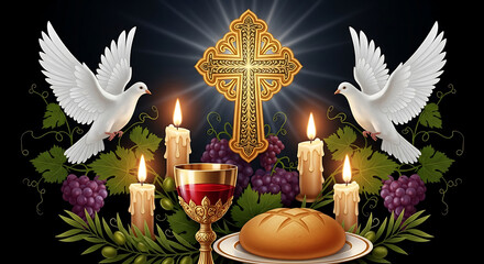 Fototapeta premium Eucharist symbols with cross and doves