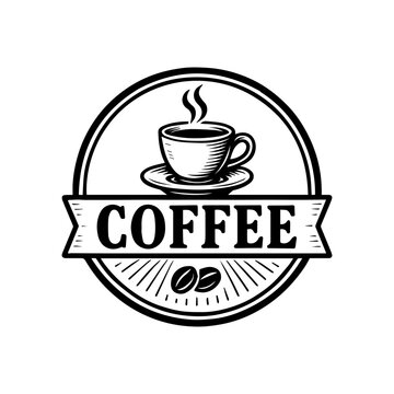 Black and white logo of a steaming cup of coffee on a saucer with beans and a banner