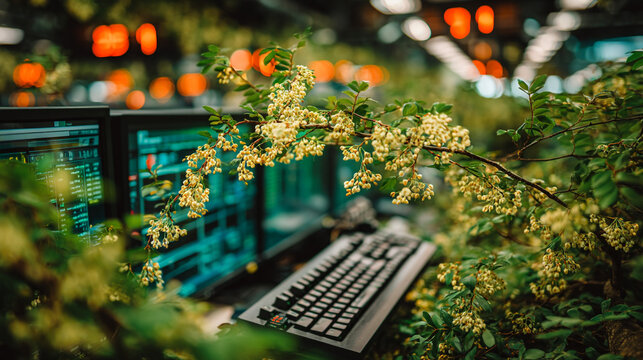 Blooming yellow flowers foreground over computer screens and keyboard in tech office