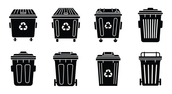Black vector trash cans with recycling symbols isolated on white