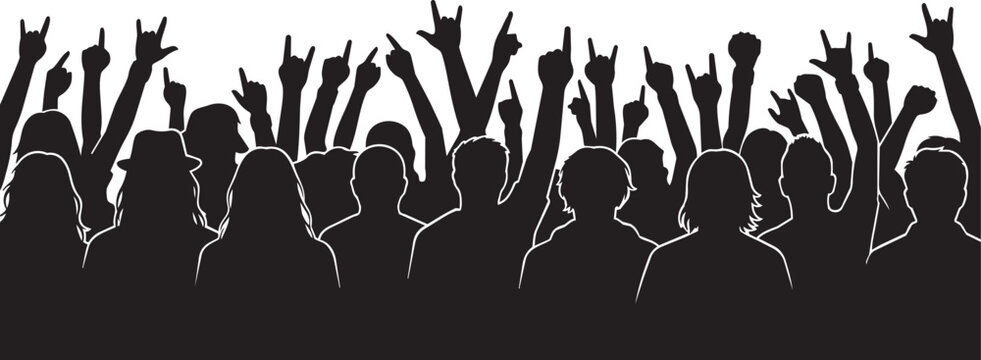 Crowd of People Rock Concert Fans with Devil Horn Signs and Pointing Fingers, Heavy Metal Audience Silhouette Vector Illustration