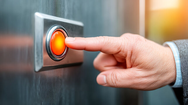 Person finger pressing glowing orange emergency stop button on metal surface with emergency