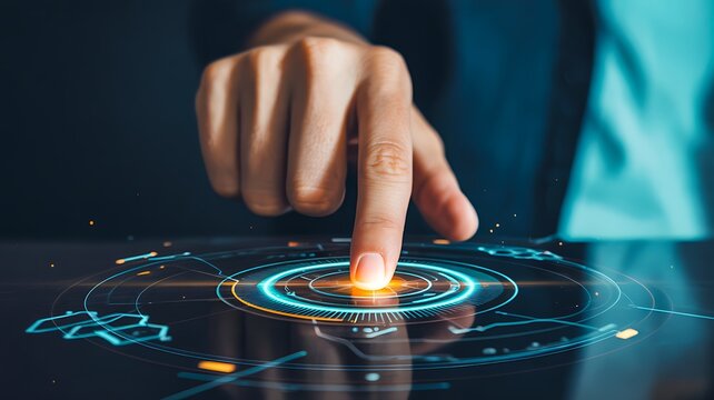 Finger touching futuristic digital interface with glowing technology connection concept