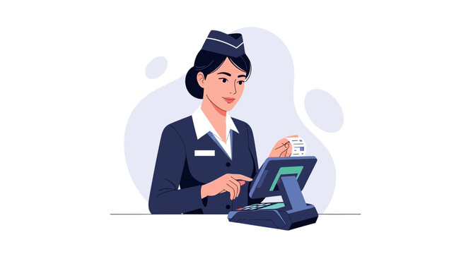 Flight attendant processing payment on POS machine, travel service, customer service