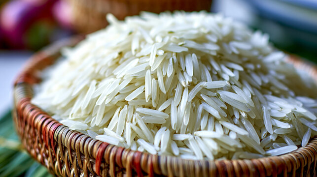 Raw long grain basmati rice grains in a wicker basket bowl background close up with ingredient