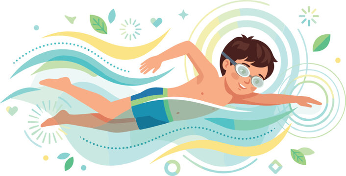 Young boy swimming freestyle in pool with abstract colorful waves for summer sports and fitness activities.