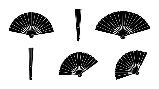Black Folding Fans, Traditional Japanese Handheld Accessories, Elegant Asian Cultural Elements, Vector Illustrations for Design