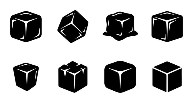 Black Ice Cubes Vector Icons Set, Chilled Drink Elements, Frozen Water Shapes, Refreshment Symbols, Cold Beverage Graphics