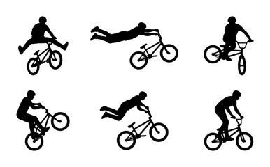 Obraz premium BMX Bicycle Stunt Silhouettes, Extreme Sports Action Vector Set, Dynamic Freestyle Cycling Performance Graphics