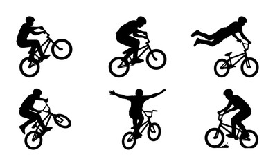 Obraz premium BMX Bicycle Rider Silhouettes, Extreme Sports Action, Dynamic Freestyle Cycling Poses, Vector Set for Sports and Adventure Graphics