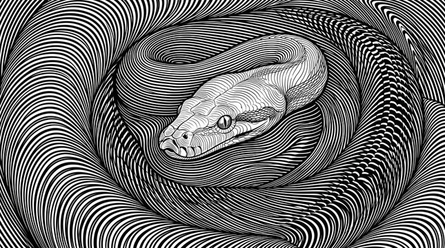 Hypnotic Coiled Snake Line Art Illustration - Detailed Black and White Reptile Engraving