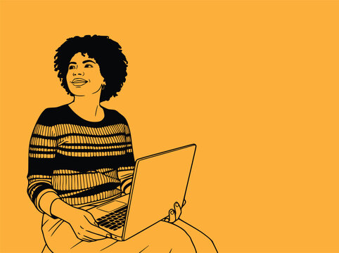 Black woman with afro using laptop illustration on yellow background