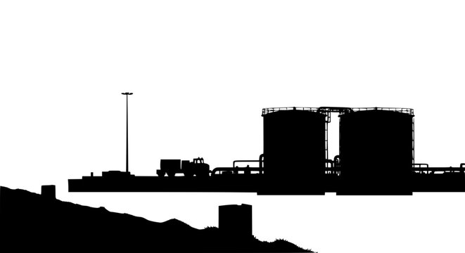 Industrial oil and gas refinery storage tanks silhouette on white background