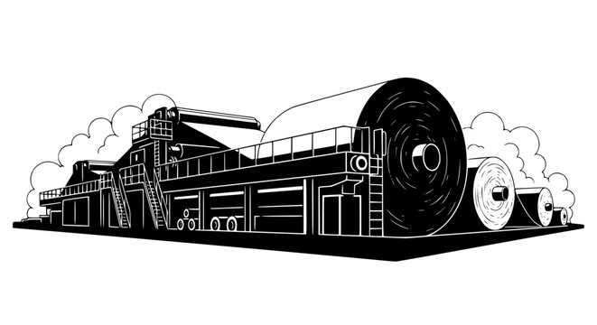 Industrial Paper Mill Machine with Large Paper Rolls Illustration