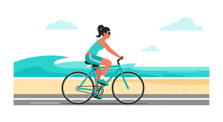 Fototapeta premium Woman cycling on beach road with ocean waves and clouds
