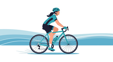 Fototapeta premium Woman cyclist in turquoise racing outfit riding a bicycle on a wavy blue background