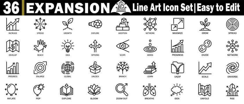 Expansion line art icon set, easy to edit, business growth spreading, scaling.