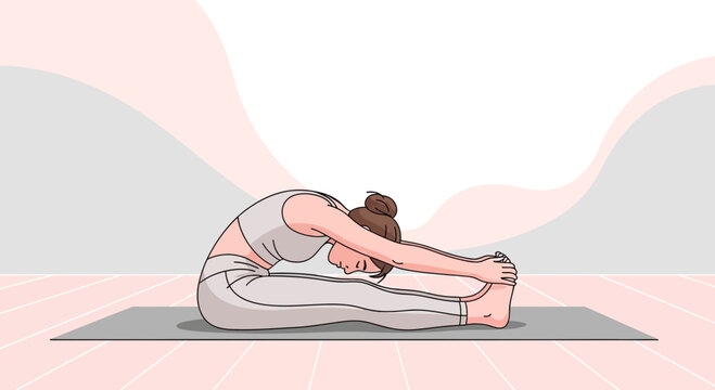 Woman doing Paschimottanasana yoga pose on mat, stretching hamstrings and spine