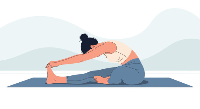 Woman doing seated forward bend yoga pose on mat, stretching hamstrings and spine