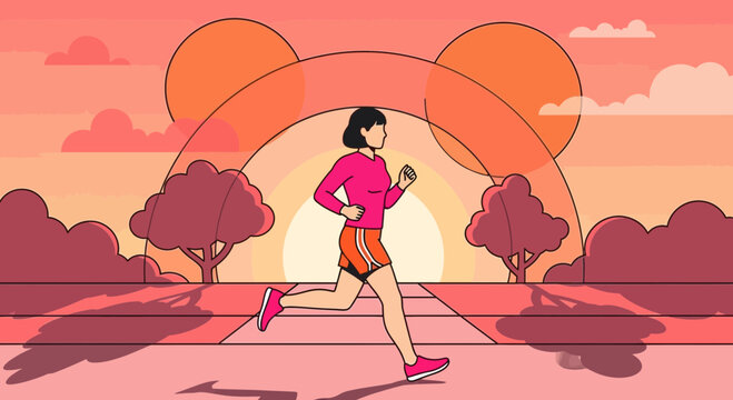 Woman jogging at sunrise in park with Mickey Mouse ears sun