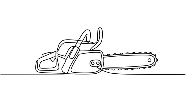 Black and White Chainsaw Vector Graphic: Line Art Illustration of Mechanical Woodworking and Forestry Cutting Tool
