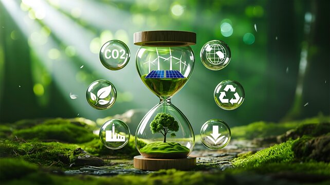 Sustainable environment concept with hourglass and renewable energy symbols in forest