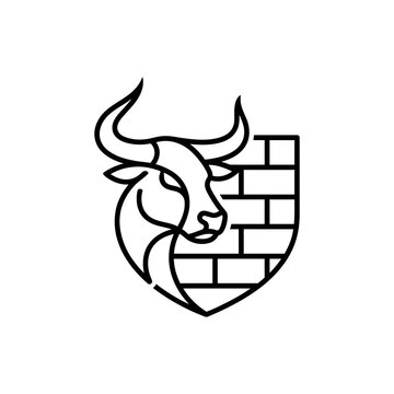 Minimalist Bull Head and Brick Wall Shield Logo Design.