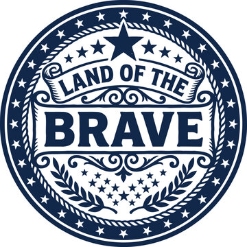 Vintage decorative emblem with land of the brave text and stars isolated