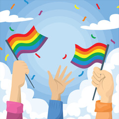 Fototapeta premium Rainbow pride flags waving in the air with confetti and clouds vector illustration