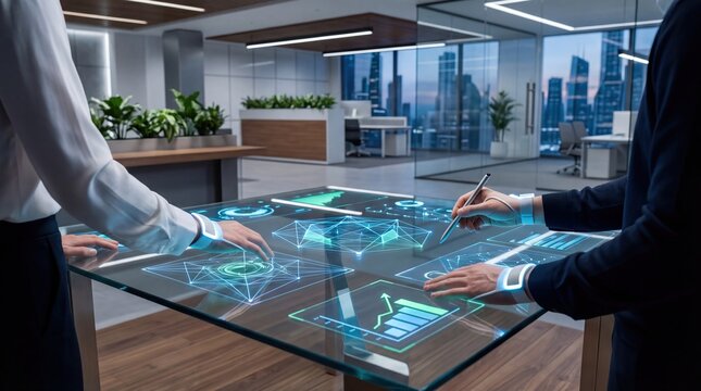 Business executives analyzing futuristic hologram data charts on touch smart table screen digital transformation office technology concept