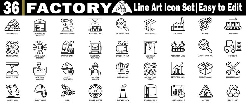 Factory line art icons, industrial symbols, manufacturing elements.