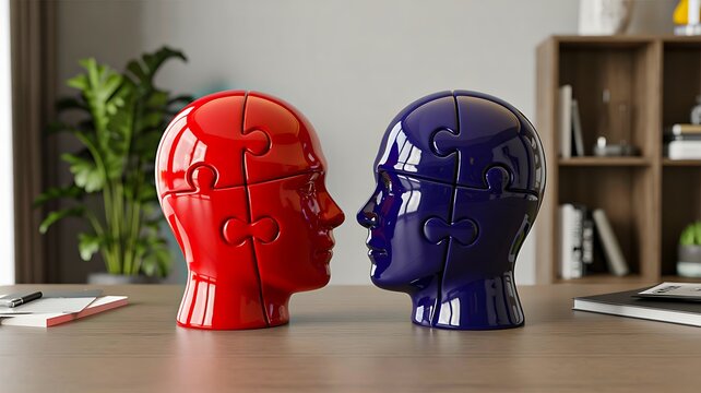 Two human head puzzle models facing each other for psychology and communication concept