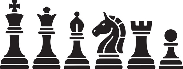 Black chess pieces set with king, queen, pawns, knight, and rook © Masud