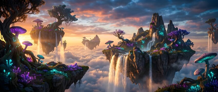 Fantasy floating islands with glowing mushrooms and waterfalls above the clouds at sunset