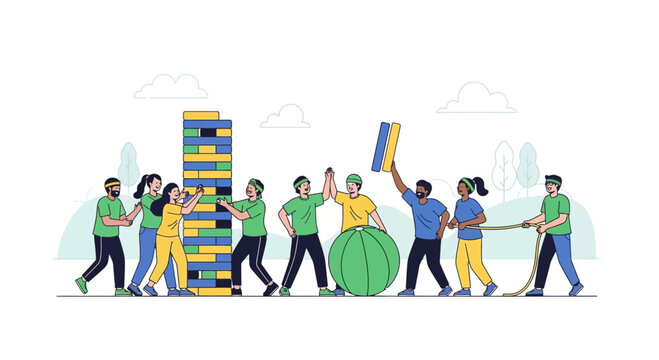 Teamwork playing giant block tower and tug of war, collaboration game concept