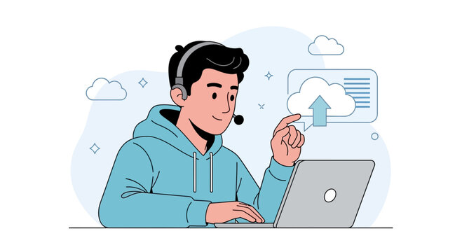 Tech Support Person with Laptop and Cloud Upload Icon | Vector Illustration