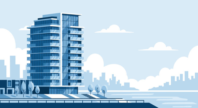 Modern high-rise apartment building with balconies on the waterfront, city skyline background