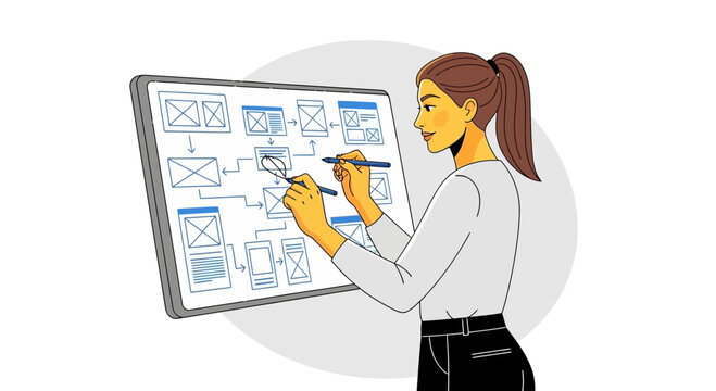 Woman designing website wireframes with digital pen on tablet