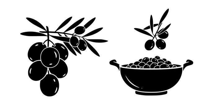 Black Olive Silhouette Vector Set with Branch and Bowl