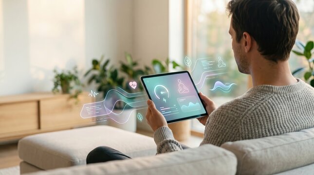 Male user sitting on sofa holding tablet device with holographic health interface monitoring wellness data smart home technology modern living room interior meditation icons and