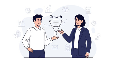 Fototapeta premium Business growth concept: funnel illustration with business people discussing strategy