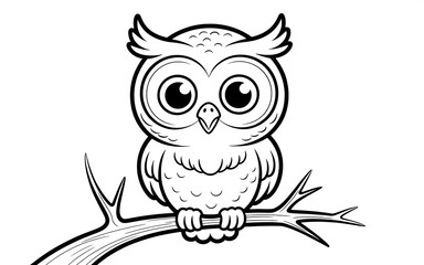 Fototapeta premium Cute Cartoon Owl Perched on a Branch Line Art bird