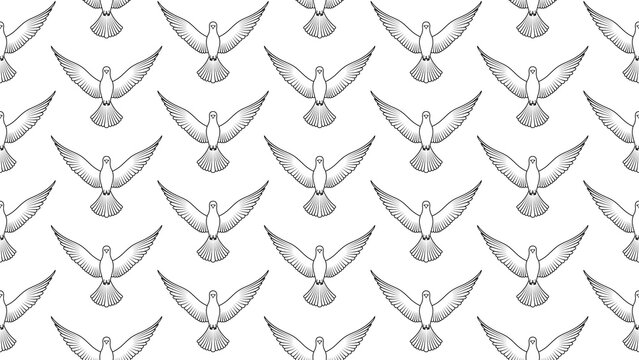 Seamless vector pattern featuring flying peace doves with spread wings on a transparent background. Seamless bird pattern background. Animal patterns, peace themes, and bird-pattern wallpapers.